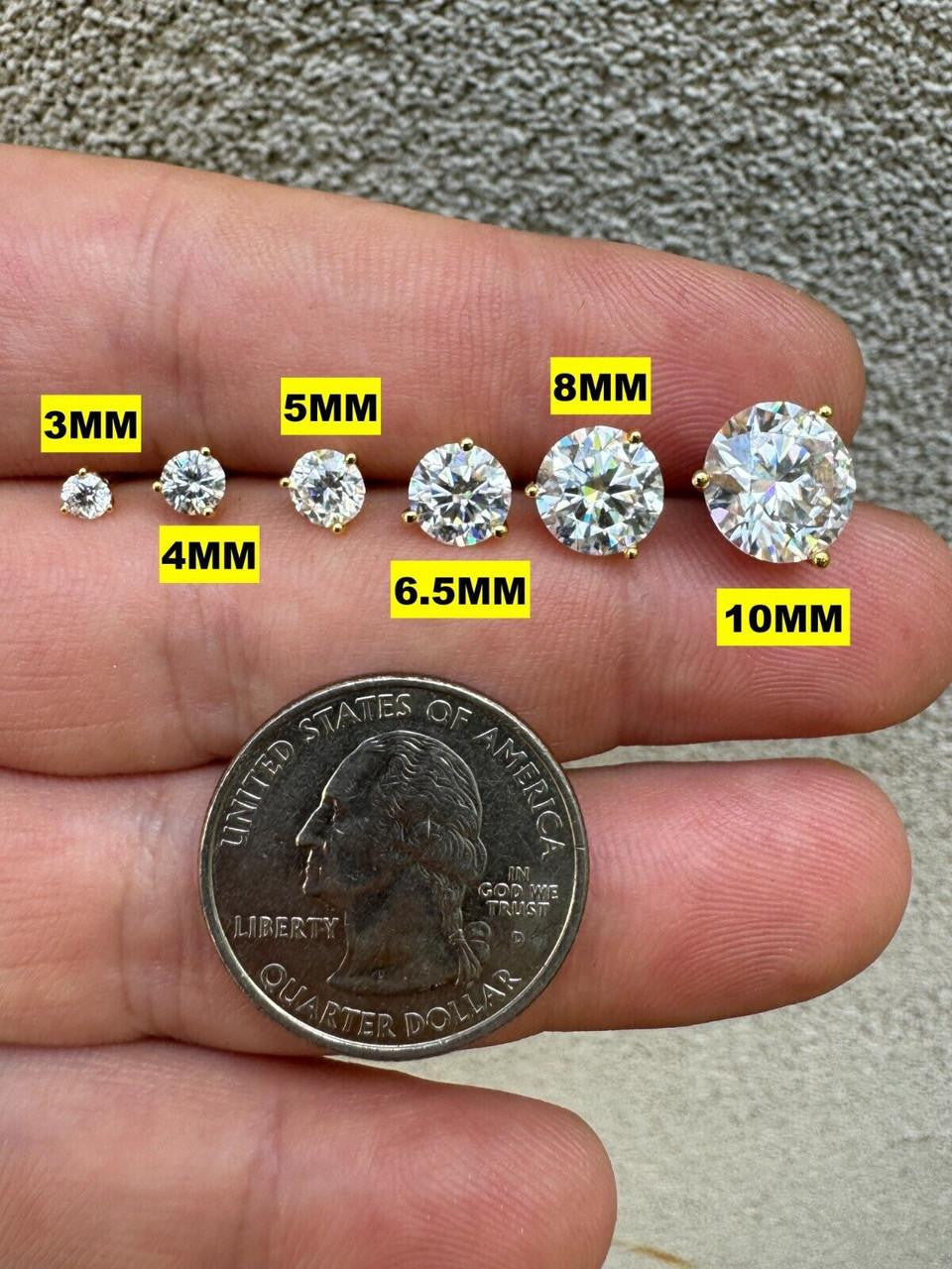 HarlemBling MOISSANITE Martini 3-Prong Solitaire Pushback Stud Earrings - 14k Gold Vermeil 925 Silver - 3mm-10mm - 0.2-8ct