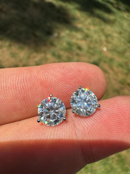 HarlemBling MOISSANITE Martini 3-Prong Solitaire Pushback Stud Earrings - 925 Silver - 3mm-10mm - 0.2-8ct