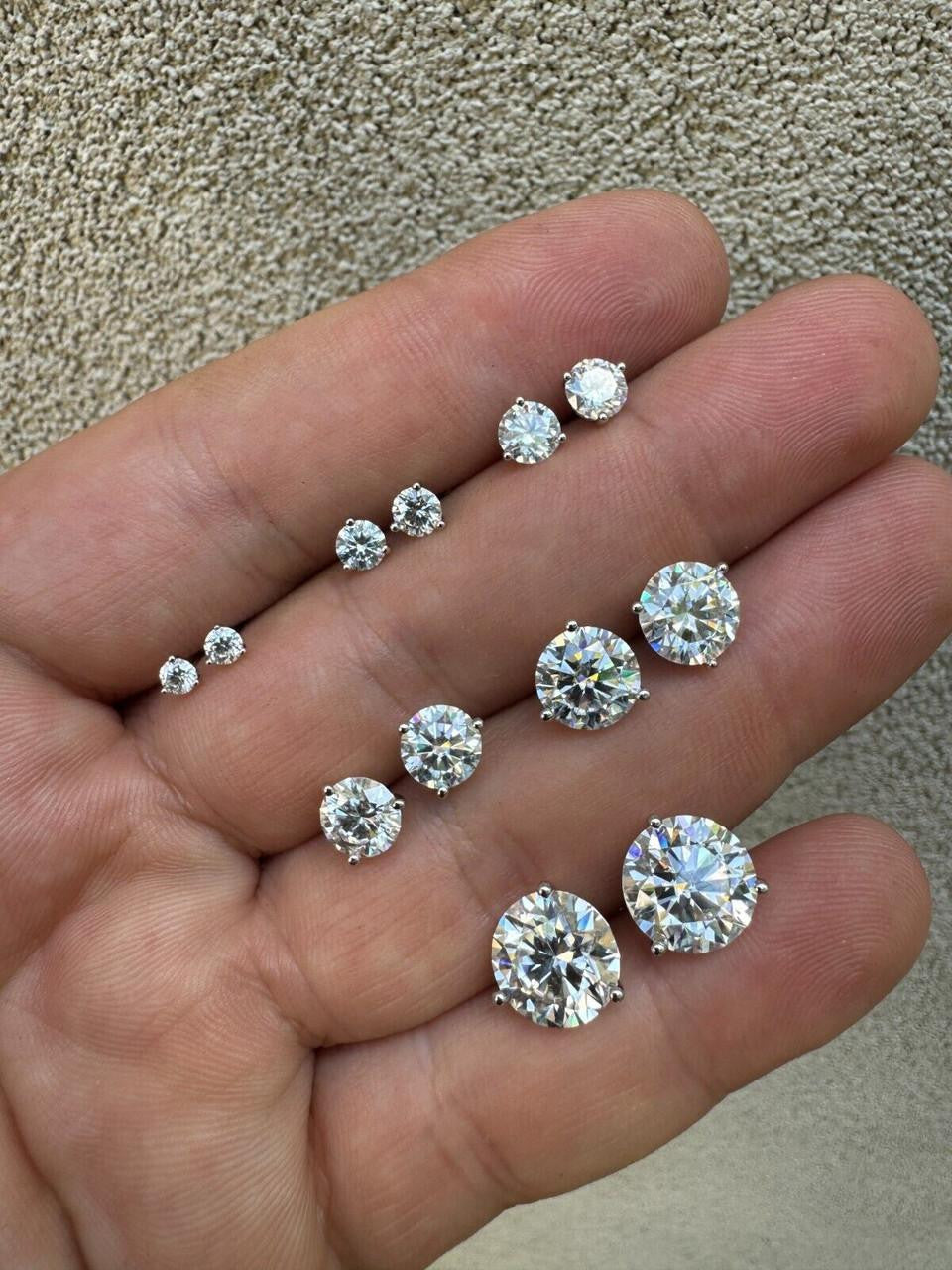 HarlemBling MOISSANITE Martini 3-Prong Solitaire Pushback Stud Earrings - 925 Silver - 3mm-10mm - 0.2-8ct