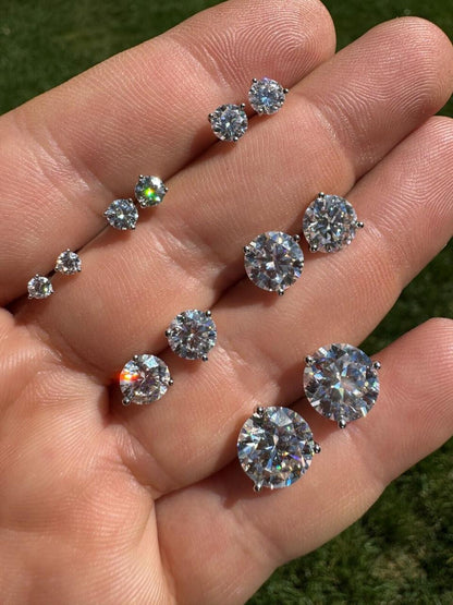 HarlemBling MOISSANITE Martini 3-Prong Solitaire Pushback Stud Earrings - 925 Silver - 3mm-10mm - 0.2-8ct