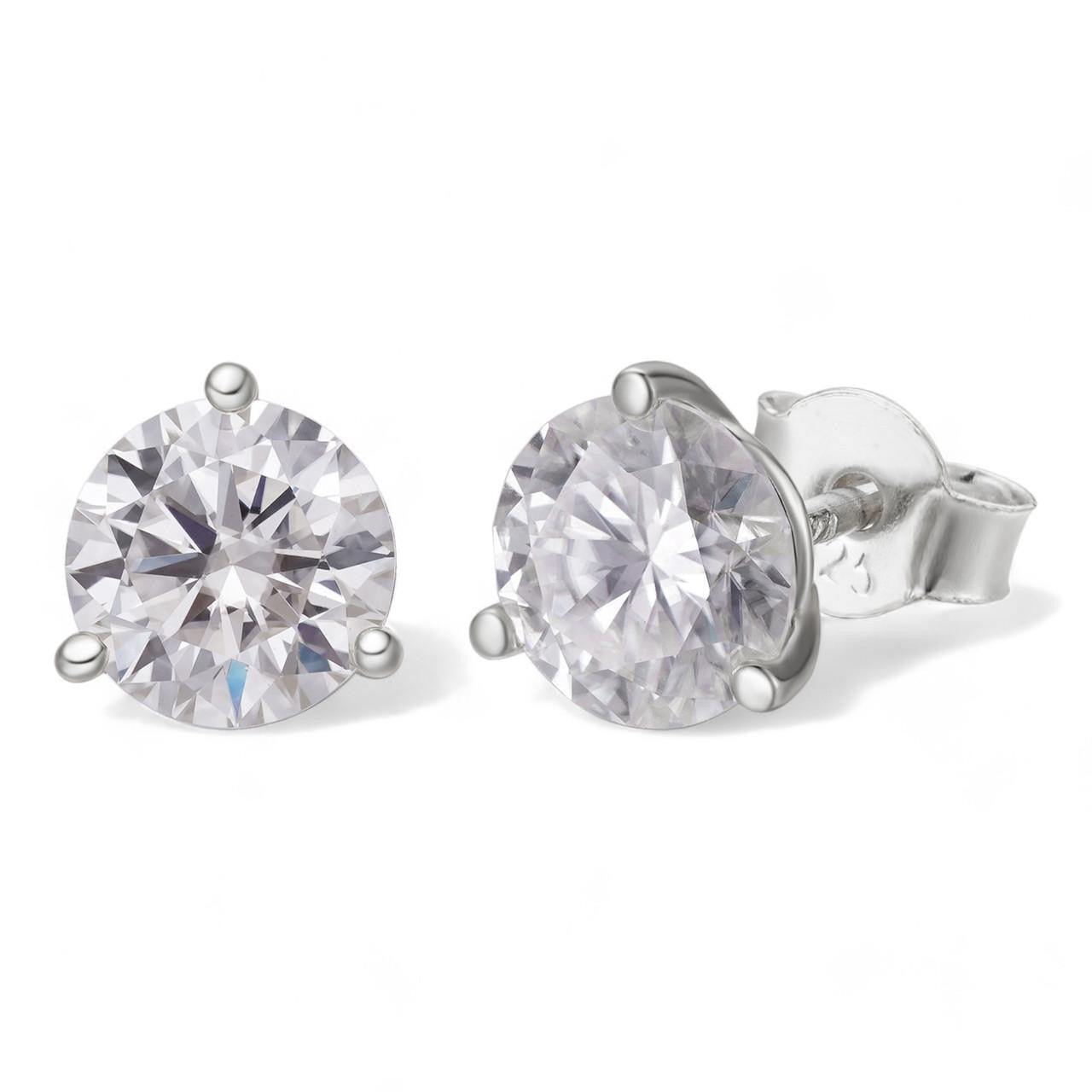 HarlemBling MOISSANITE Martini 3-Prong Solitaire Pushback Stud Earrings - 925 Silver - 3mm-10mm - 0.2-8ct