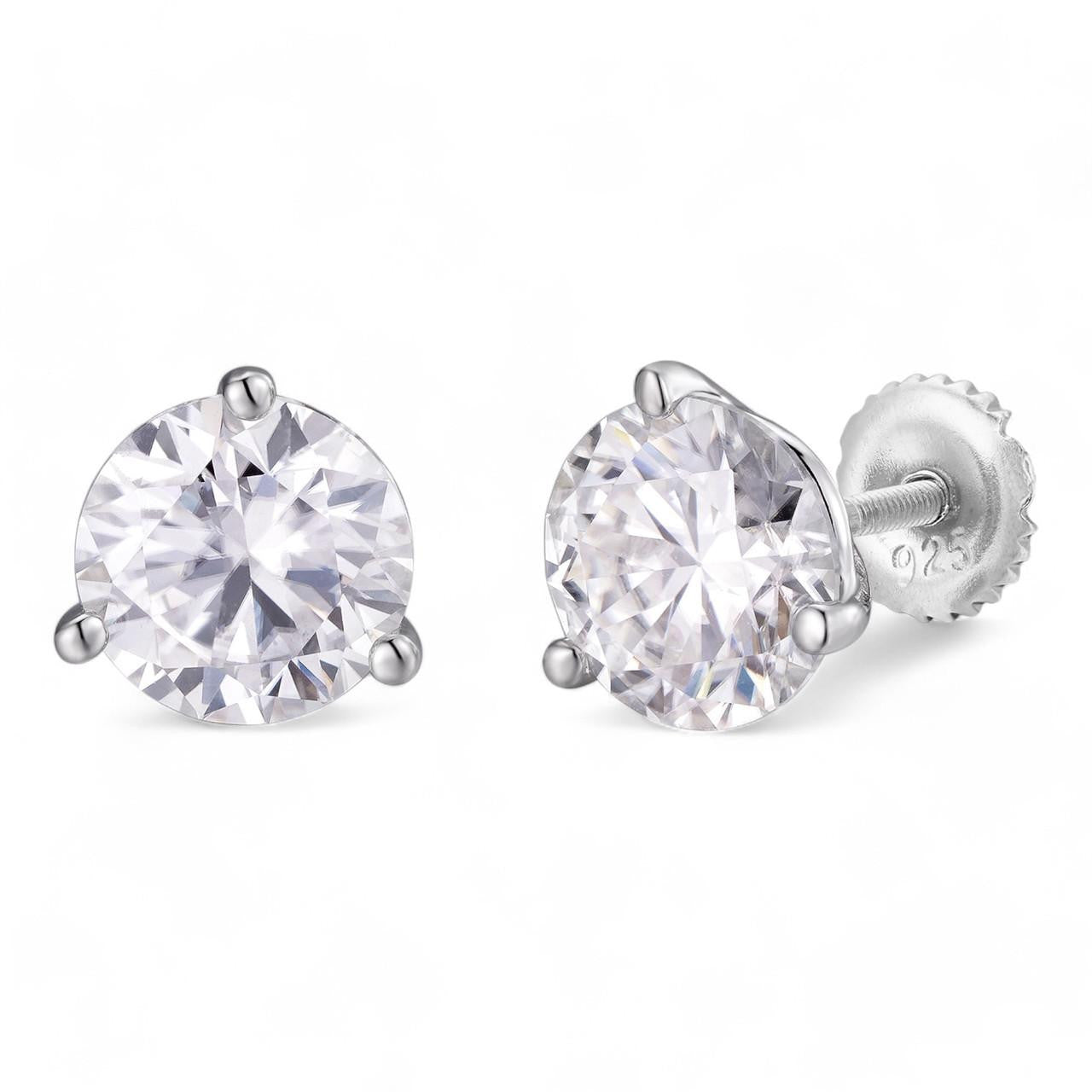 HarlemBling MOISSANITE Martini 3-Prong Solitaire Stud Earrings - 925 Silver - 3mm-10mm - 0.2-8ct