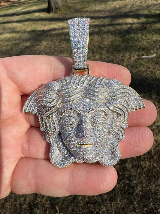 HarlemBling Moissanite Medusa Head Pendant - 925 Silver/14k Gold Vermeil Large 3" Iced Out Hip Hop Pendant Pass Diamond Tester