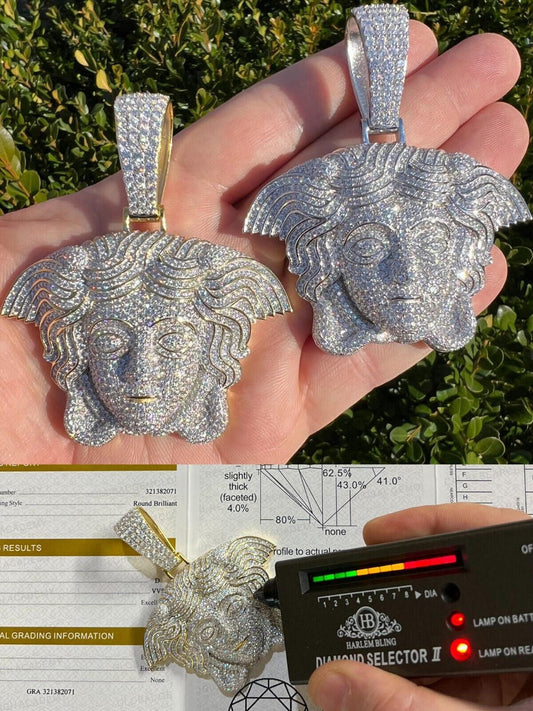 HarlemBling Moissanite Medusa Head Pendant - 925 Silver/14k Gold Vermeil Large 3" Iced Out Hip Hop Pendant Pass Diamond Tester