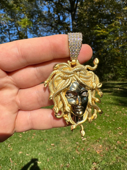 HarlemBling MOISSANITE Medusa Head Pendant - Iced Necklace Real 14k Gold Vermeil 925 Silver