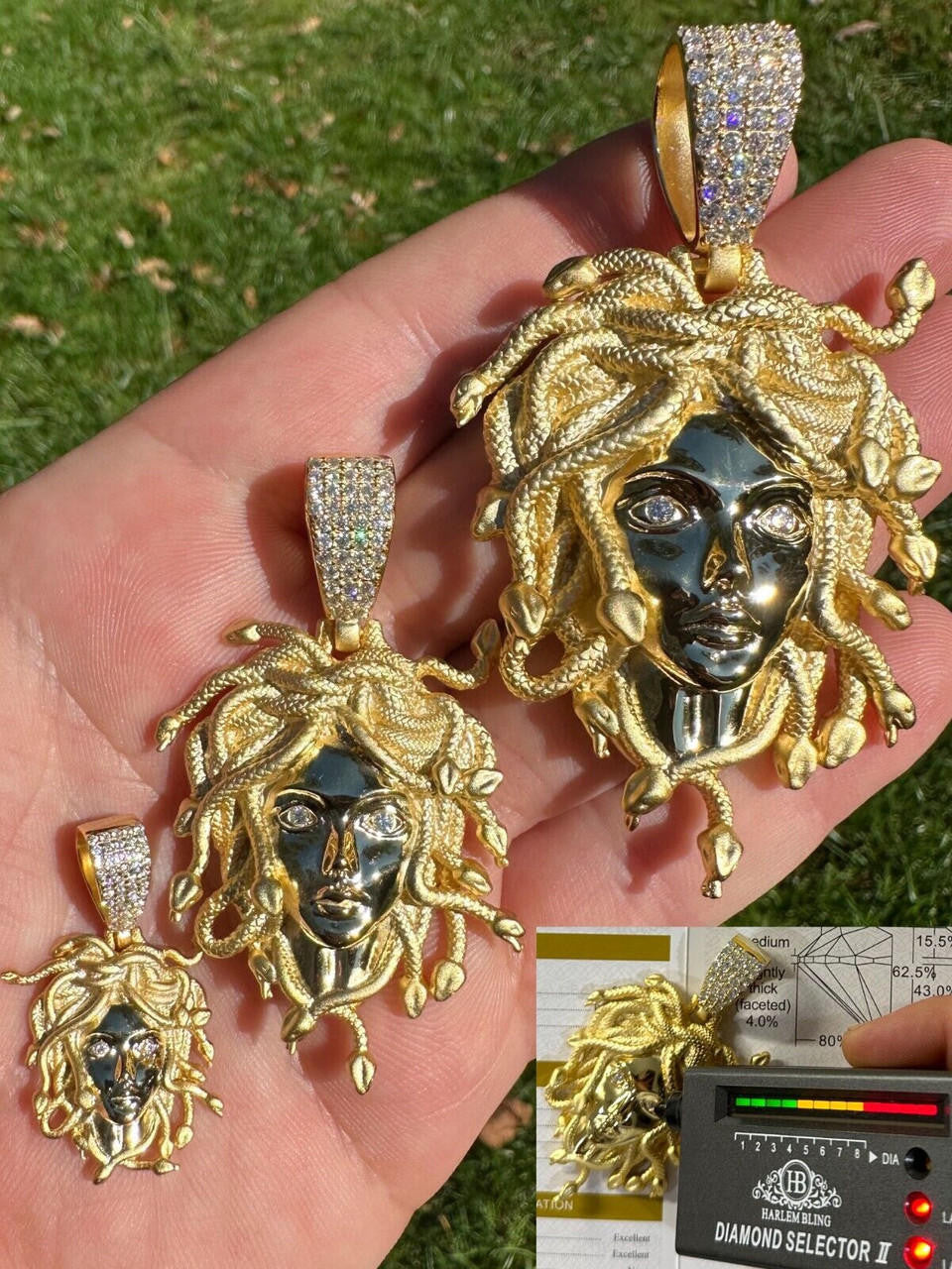 HarlemBling MOISSANITE Medusa Head Pendant - Iced Necklace Real 14k Gold Vermeil 925 Silver