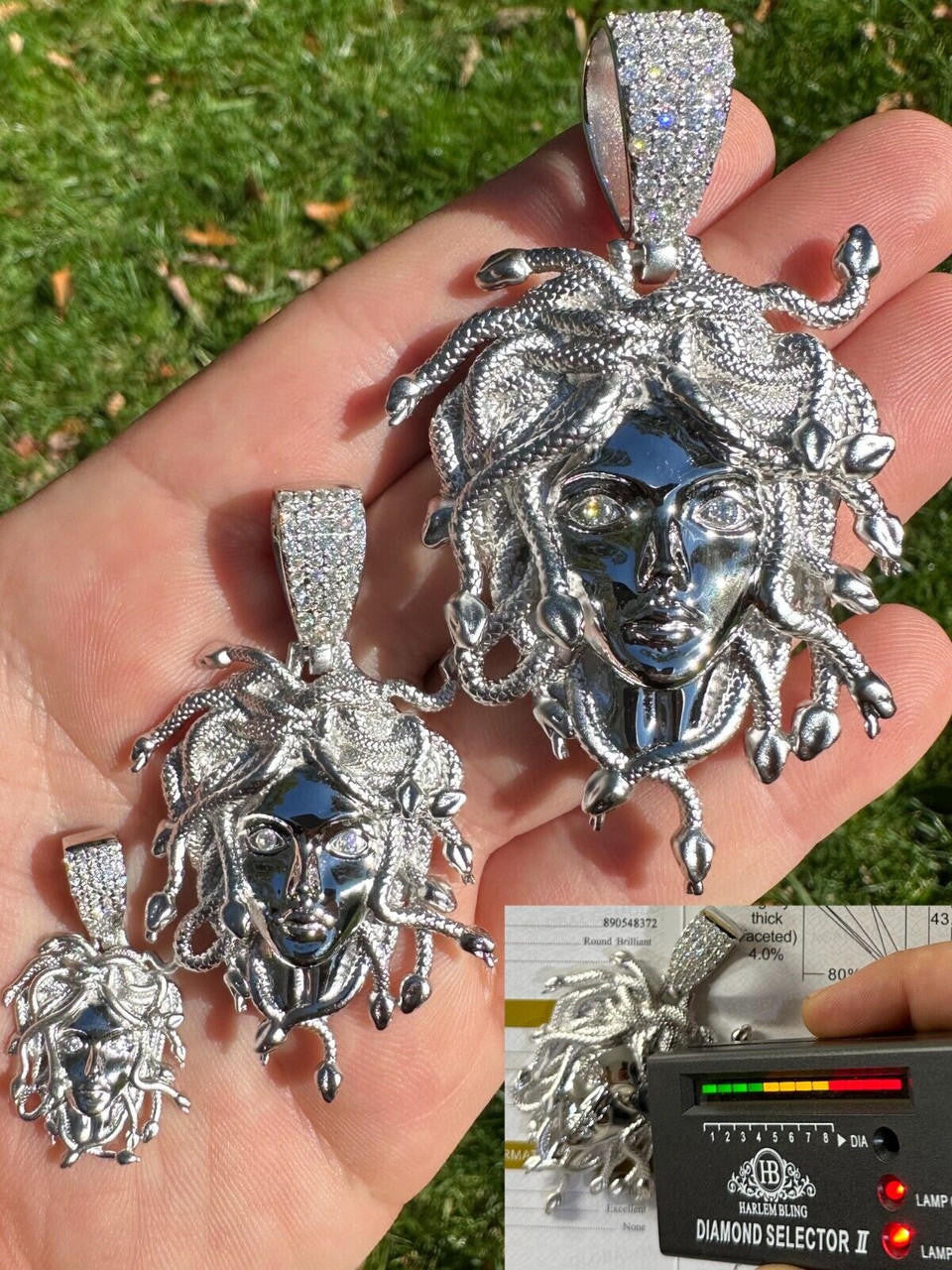 HarlemBling MOISSANITE Medusa Head Pendant - Iced Necklace Real Solid 925 Silver - 3 Sizes