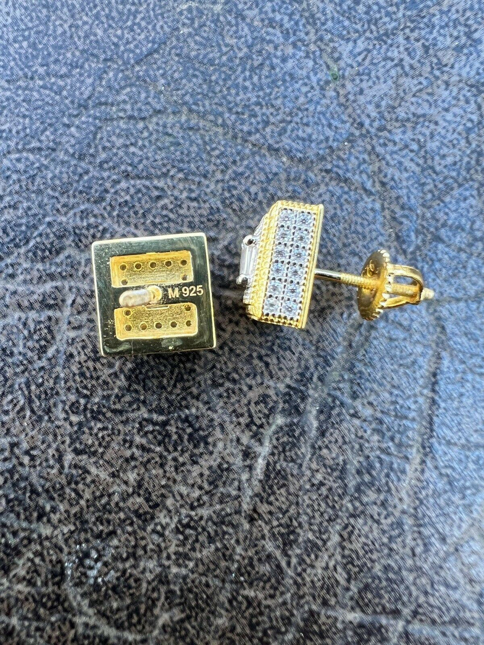 HarlemBling MOISSANITE Men 14k Gold Vermeil Earrings Square Baguette Studs Pass Diamond Test