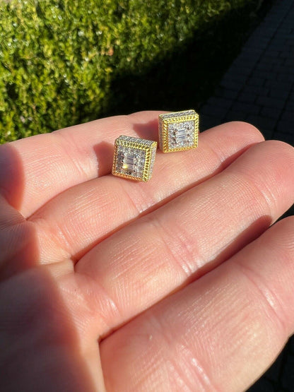 HarlemBling MOISSANITE Men 14k Gold Vermeil Earrings Square Baguette Studs Pass Diamond Test