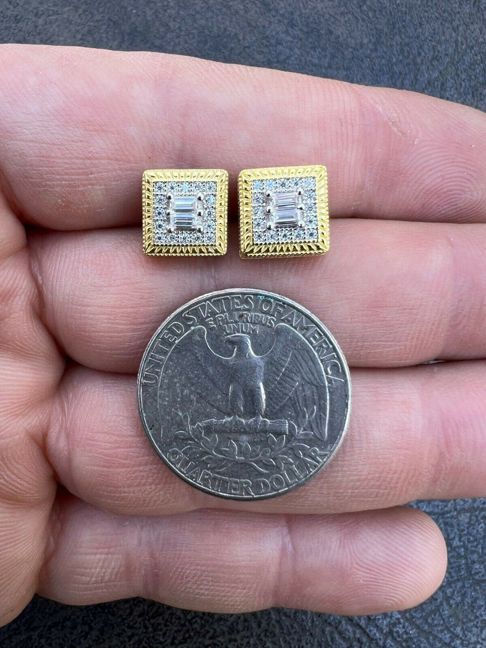 HarlemBling MOISSANITE Men 14k Gold Vermeil Earrings Square Baguette Studs Pass Diamond Test