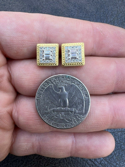 HarlemBling MOISSANITE Men 14k Gold Vermeil Earrings Square Baguette Studs Pass Diamond Test