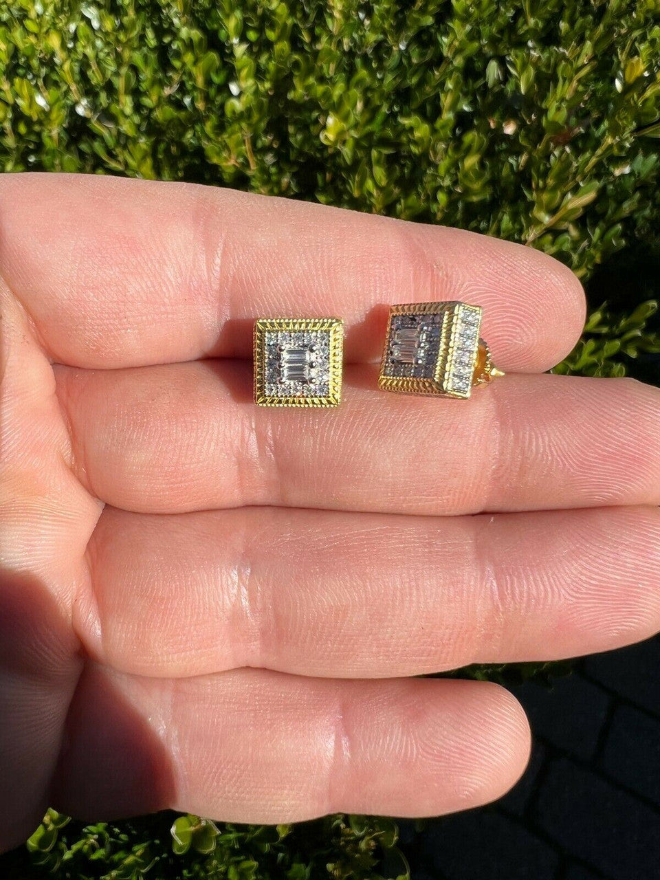 HarlemBling MOISSANITE Men 14k Gold Vermeil Earrings Square Baguette Studs Pass Diamond Test