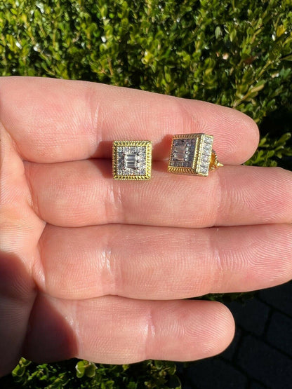 HarlemBling MOISSANITE Men 14k Gold Vermeil Earrings Square Baguette Studs Pass Diamond Test