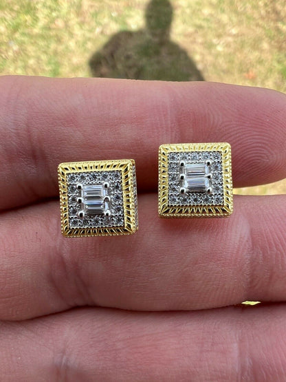 HarlemBling MOISSANITE Men 14k Gold Vermeil Earrings Square Baguette Studs Pass Diamond Test