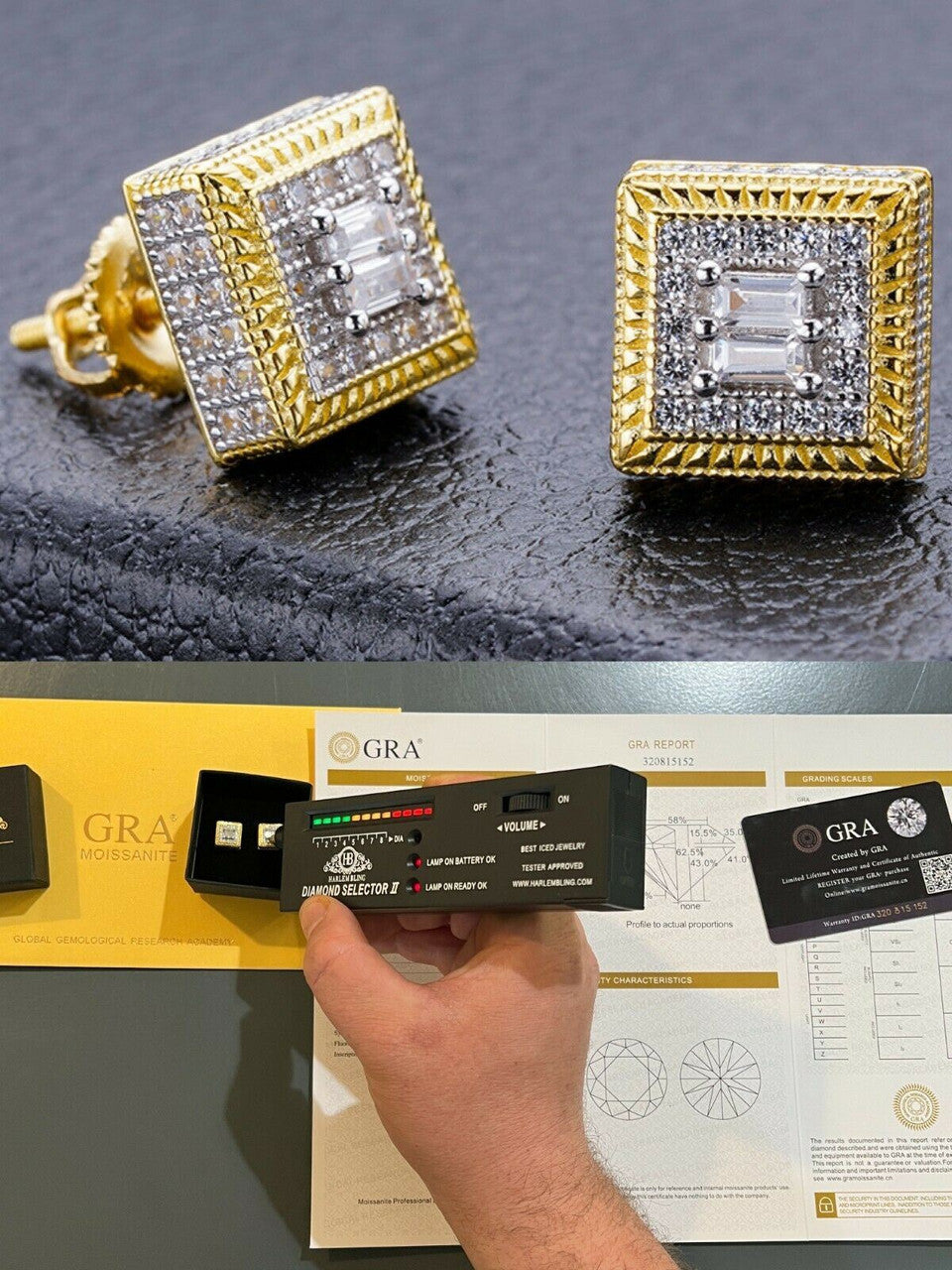 HarlemBling MOISSANITE Men 14k Gold Vermeil Earrings Square Baguette Studs Pass Diamond Test