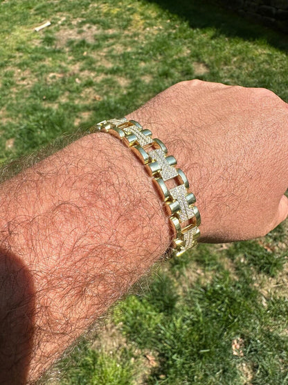 HarlemBling MOISSANITE Mens 12mm Iced Hermes Link Bracelet Real 14k Gold Over 925 Silver