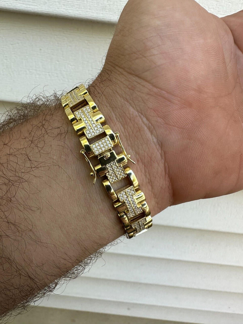 HarlemBling MOISSANITE Mens 12mm Iced Hermes Link Bracelet Real 14k Gold Over 925 Silver