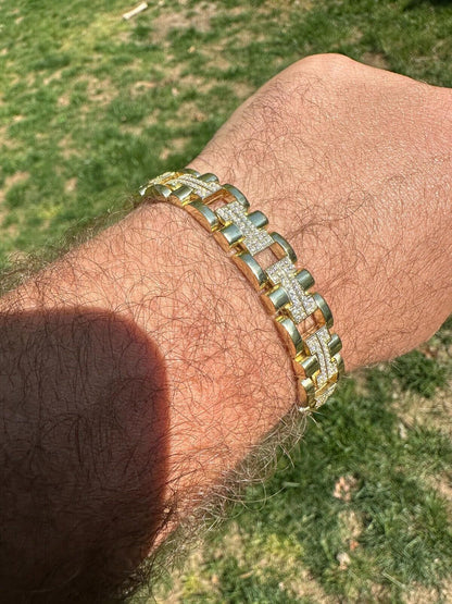 HarlemBling MOISSANITE Mens 12mm Iced Hermes Link Bracelet Real 14k Gold Over 925 Silver