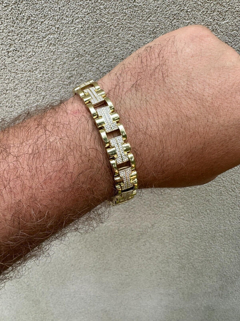 HarlemBling MOISSANITE Mens 12mm Iced Hermes Link Bracelet Real 14k Gold Over 925 Silver