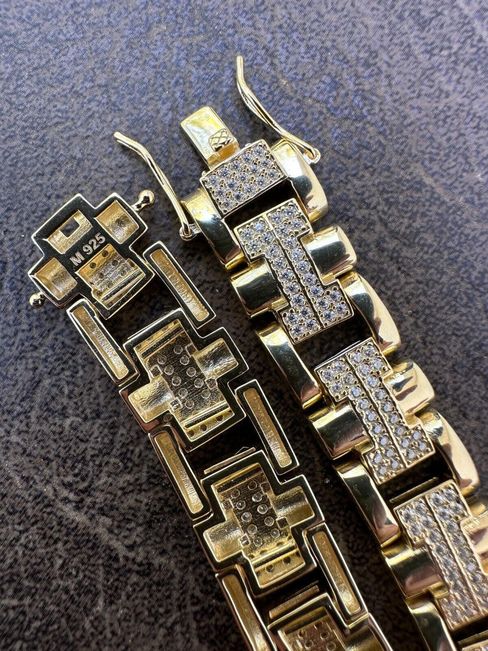 HarlemBling MOISSANITE Mens 12mm Iced Hermes Link Bracelet Real 14k Gold Over 925 Silver