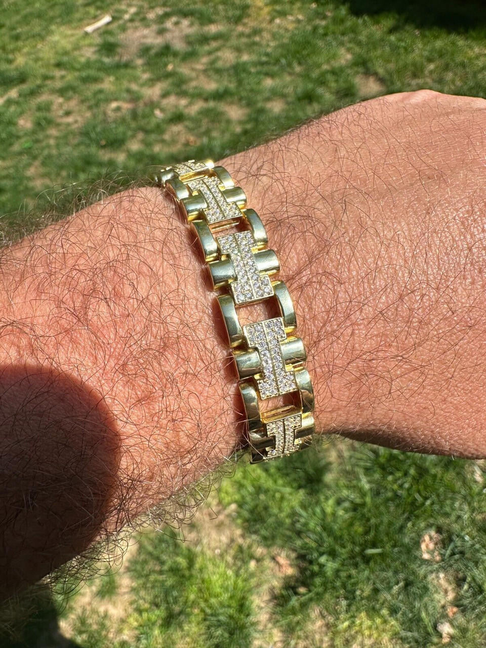 HarlemBling MOISSANITE Mens 12mm Iced Hermes Link Bracelet Real 14k Gold Over 925 Silver