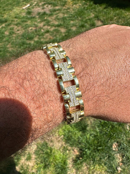 HarlemBling MOISSANITE Mens 12mm Iced Hermes Link Bracelet Real 14k Gold Over 925 Silver