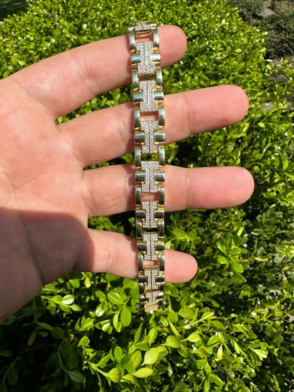 HarlemBling MOISSANITE Mens 12mm Iced Hermes Link Bracelet Real 14k Gold Over 925 Silver