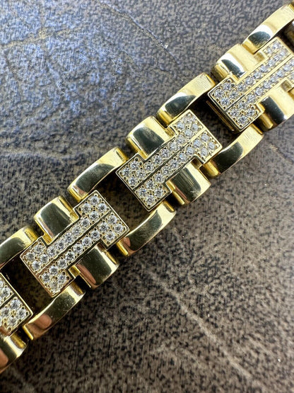 HarlemBling MOISSANITE Mens 12mm Iced Hermes Link Bracelet Real 14k Gold Over 925 Silver