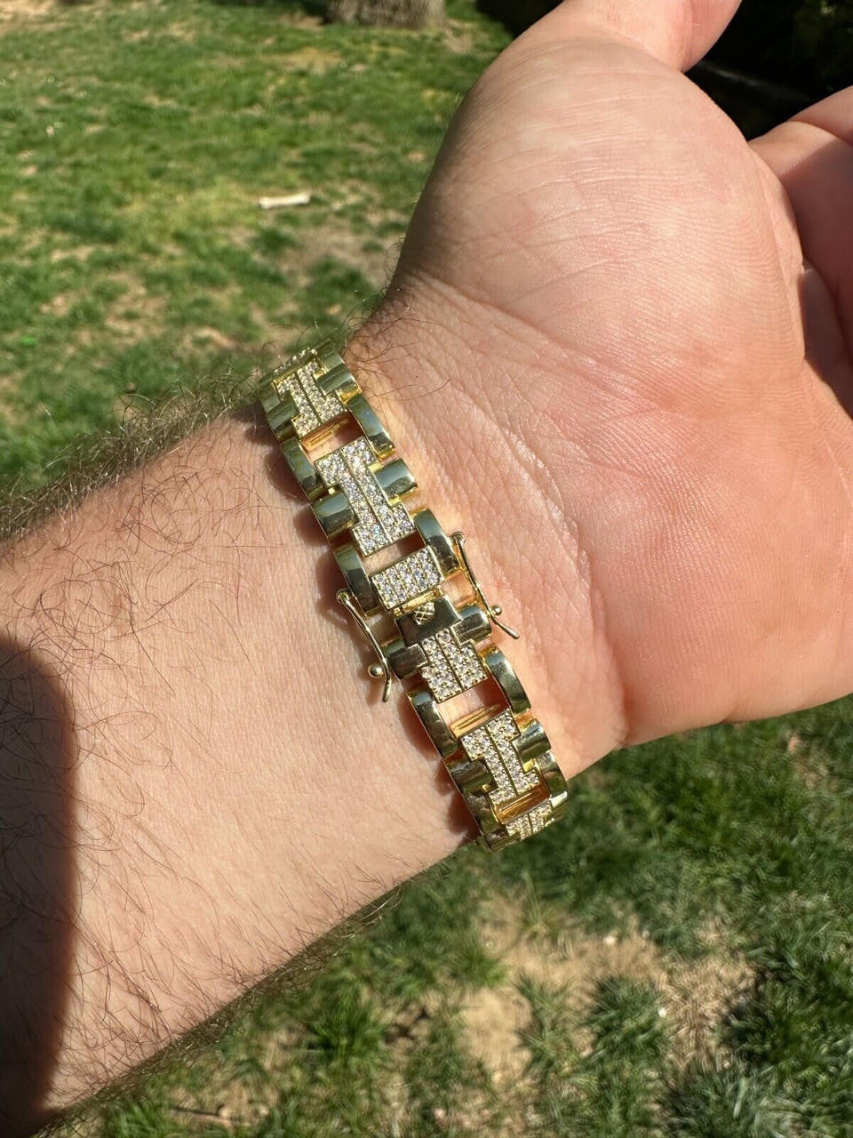 HarlemBling MOISSANITE Mens 12mm Iced Hermes Link Bracelet Real 14k Gold Over 925 Silver