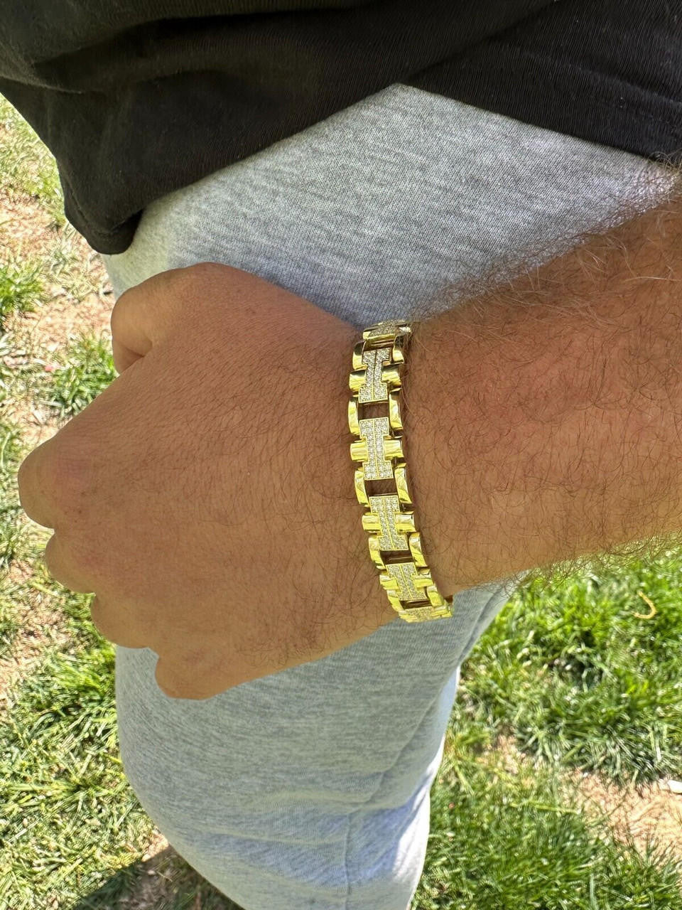 HarlemBling MOISSANITE Mens 12mm Iced Hermes Link Bracelet Real 14k Gold Over 925 Silver