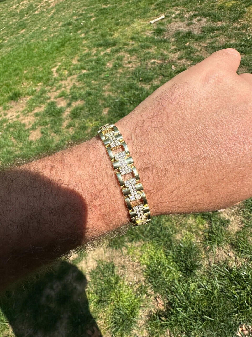 HarlemBling MOISSANITE Mens 12mm Iced Hermes Link Bracelet Real 14k Gold Over 925 Silver