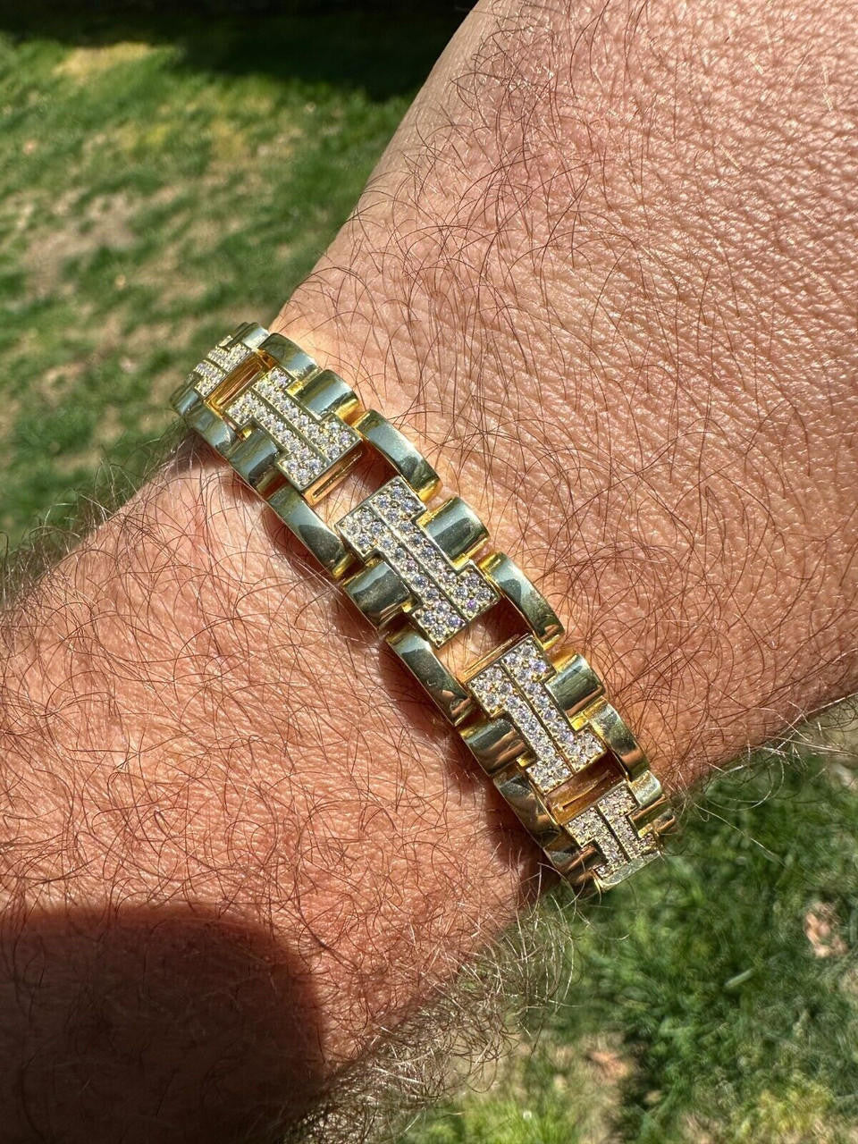 HarlemBling MOISSANITE Mens 12mm Iced Hermes Link Bracelet Real 14k Gold Over 925 Silver