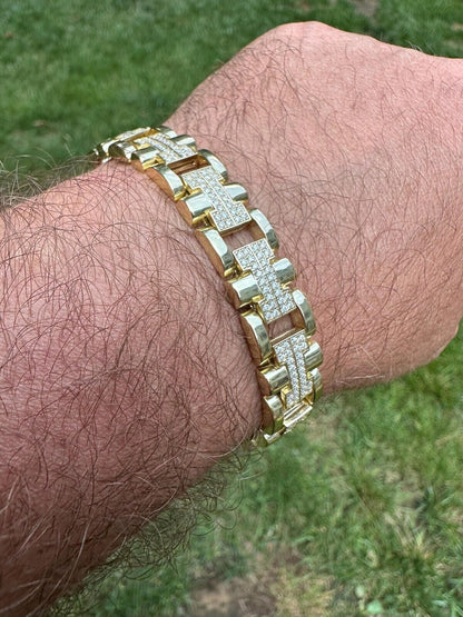 HarlemBling MOISSANITE Mens 12mm Iced Hermes Link Bracelet Real 14k Gold Over 925 Silver