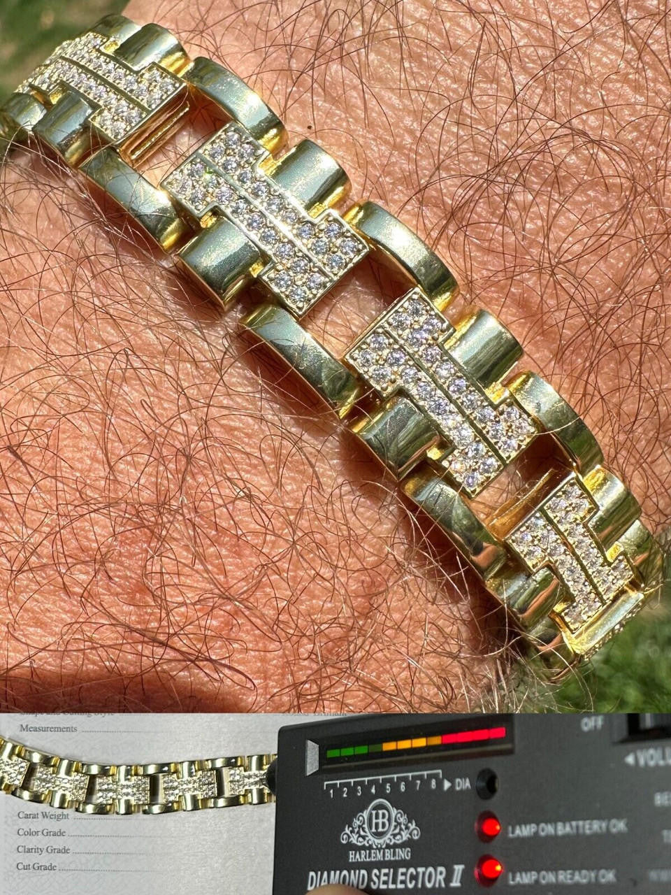 HarlemBling MOISSANITE Mens 12mm Iced Hermes Link Bracelet Real 14k Gold Over 925 Silver