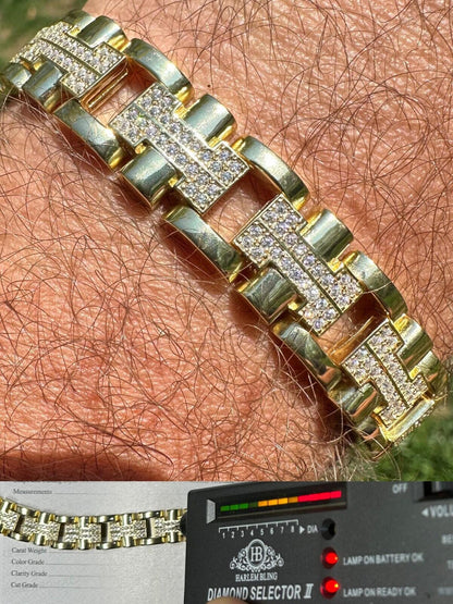 HarlemBling MOISSANITE Mens 12mm Iced Hermes Link Bracelet Real 14k Gold Over 925 Silver