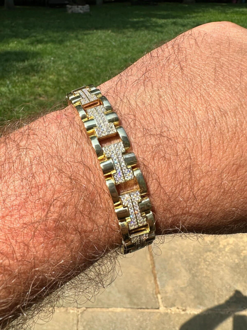 HarlemBling MOISSANITE Mens 12mm Iced Hermes Link Bracelet Real 14k Gold Over 925 Silver