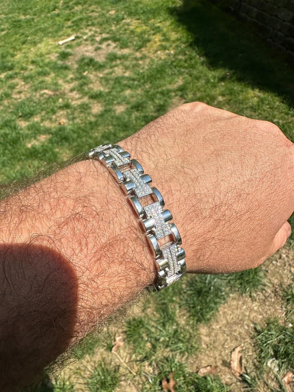 HarlemBling MOISSANITE Mens 12mm Iced Hermes Link Bracelet Real 925 Sterling Silver Hip Hop