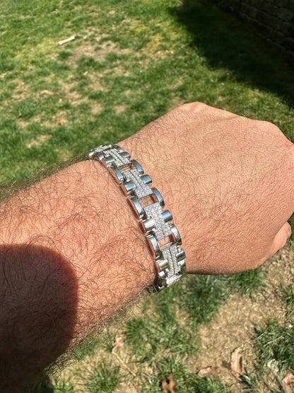 HarlemBling MOISSANITE Mens 12mm Iced Hermes Link Bracelet Real 925 Sterling Silver Hip Hop