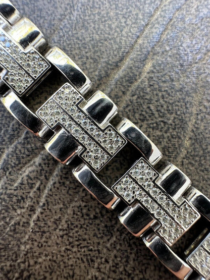 HarlemBling MOISSANITE Mens 12mm Iced Hermes Link Bracelet Real 925 Sterling Silver Hip Hop