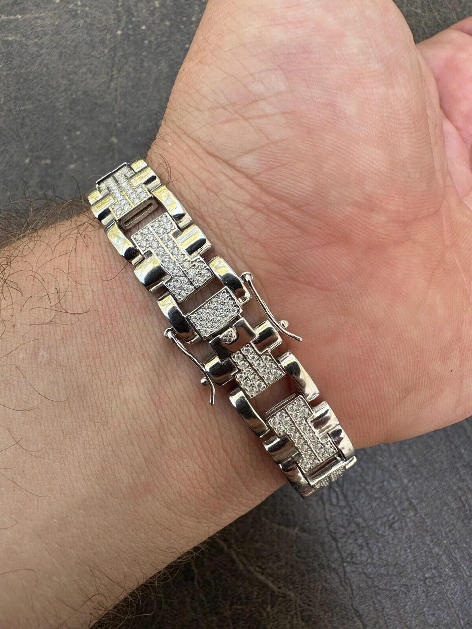 HarlemBling MOISSANITE Mens 12mm Iced Hermes Link Bracelet Real 925 Sterling Silver Hip Hop