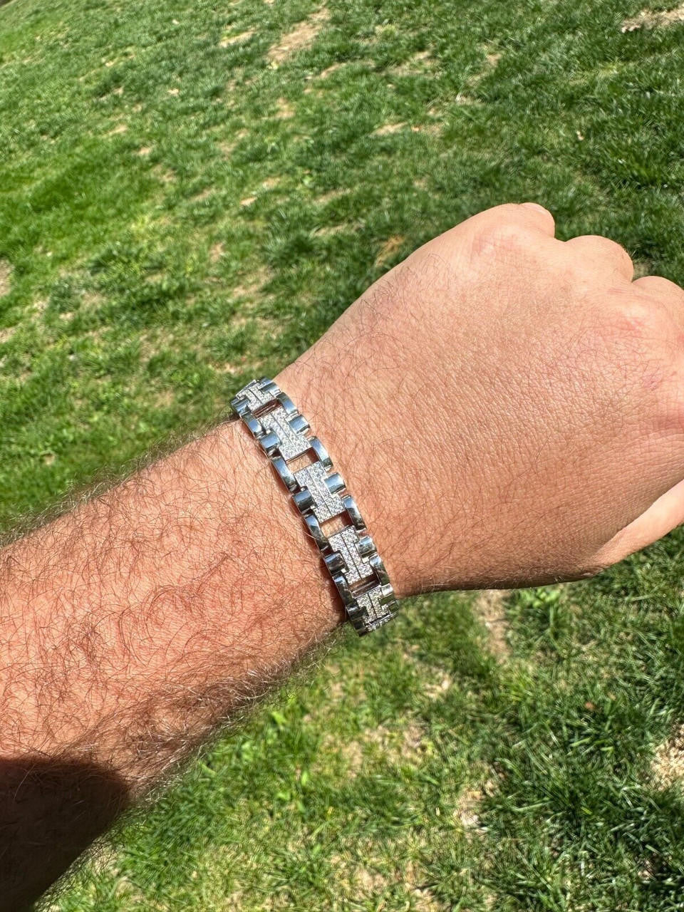 HarlemBling MOISSANITE Mens 12mm Iced Hermes Link Bracelet Real 925 Sterling Silver Hip Hop