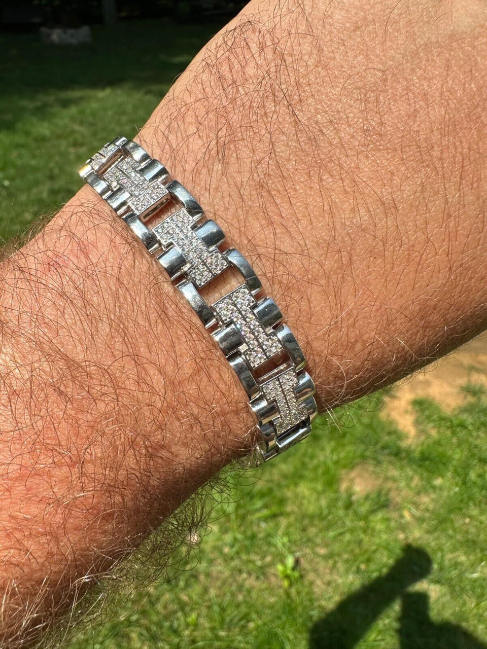 HarlemBling MOISSANITE Mens 12mm Iced Hermes Link Bracelet Real 925 Sterling Silver Hip Hop