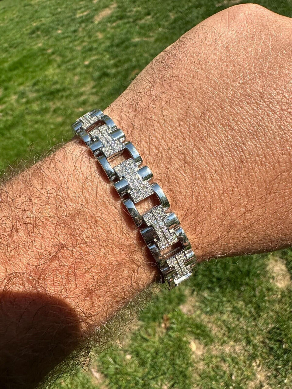 HarlemBling MOISSANITE Mens 12mm Iced Hermes Link Bracelet Real 925 Sterling Silver Hip Hop