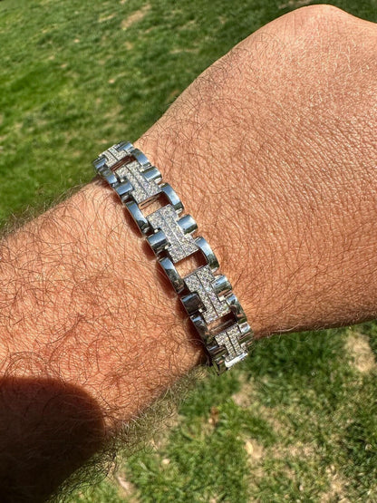 HarlemBling MOISSANITE Mens 12mm Iced Hermes Link Bracelet Real 925 Sterling Silver Hip Hop