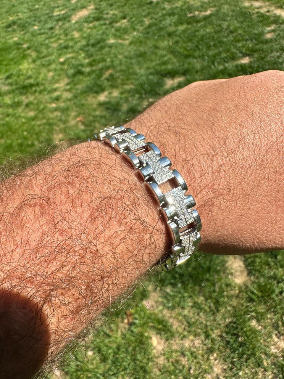 HarlemBling MOISSANITE Mens 12mm Iced Hermes Link Bracelet Real 925 Sterling Silver Hip Hop