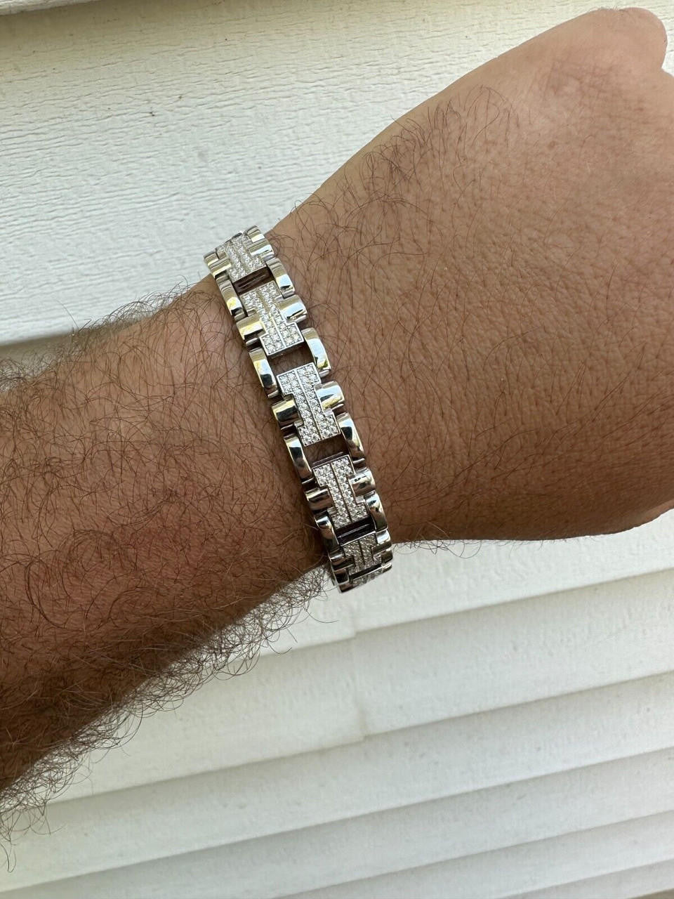 HarlemBling MOISSANITE Mens 12mm Iced Hermes Link Bracelet Real 925 Sterling Silver Hip Hop