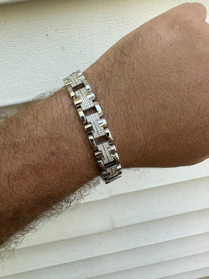 HarlemBling MOISSANITE Mens 12mm Iced Hermes Link Bracelet Real 925 Sterling Silver Hip Hop