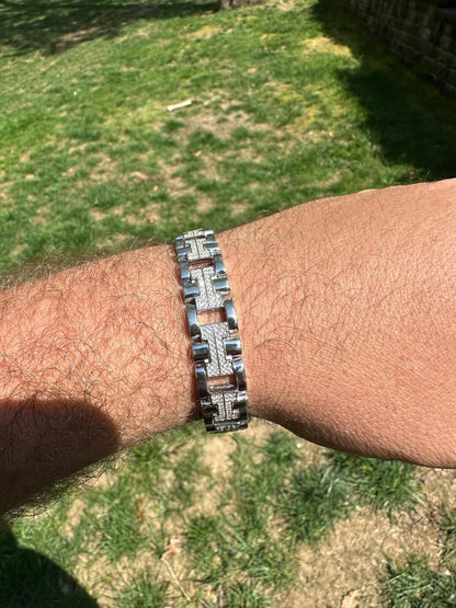 HarlemBling MOISSANITE Mens 12mm Iced Hermes Link Bracelet Real 925 Sterling Silver Hip Hop