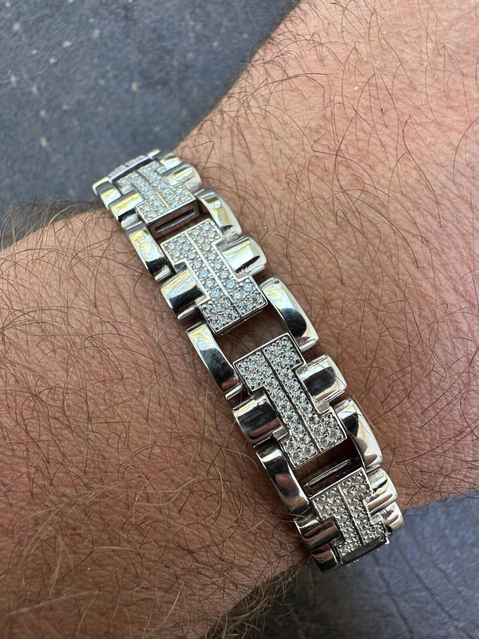 HarlemBling MOISSANITE Mens 12mm Iced Hermes Link Bracelet Real 925 Sterling Silver Hip Hop