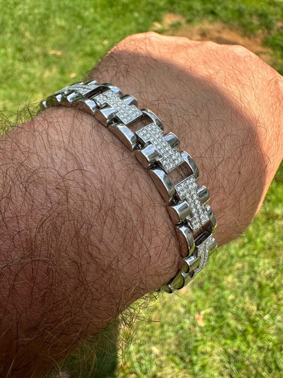 HarlemBling MOISSANITE Mens 12mm Iced Hermes Link Bracelet Real 925 Sterling Silver Hip Hop